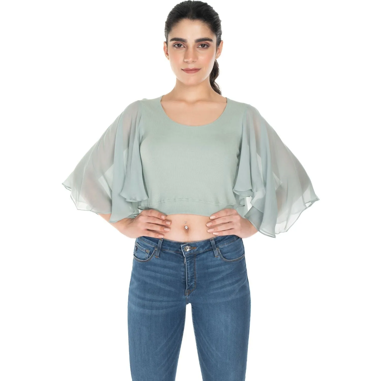 Hosiery Deep Neck Blouses - Butterfly Sleeves - Plus Size