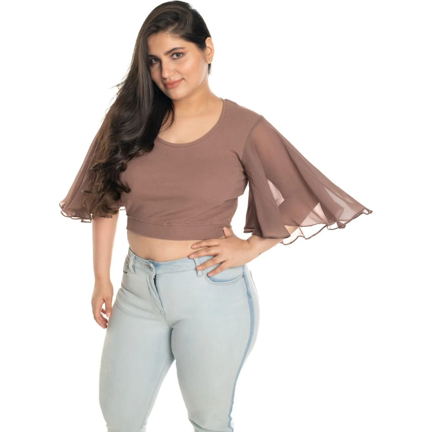 Hosiery Deep Neck Blouses - Butterfly Sleeves - Plus Size