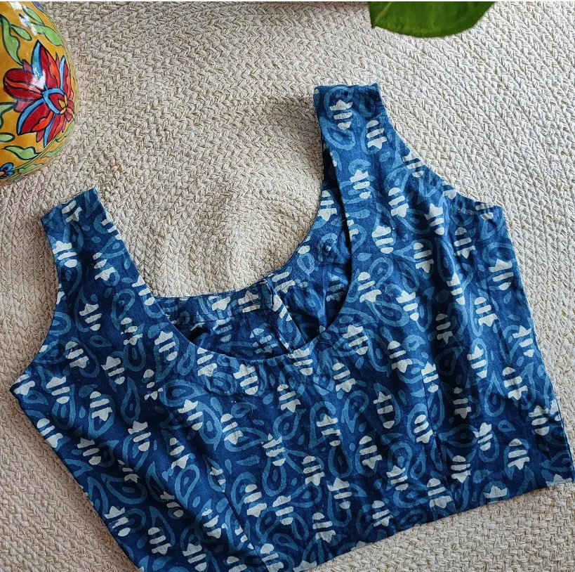 Indigo Blue Pure Cotton Handblock Printed Non Padded Blouse