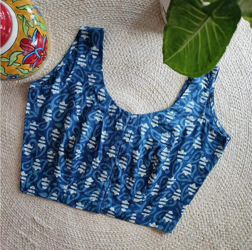 Indigo Blue Pure Cotton Handblock Printed Non Padded Blouse