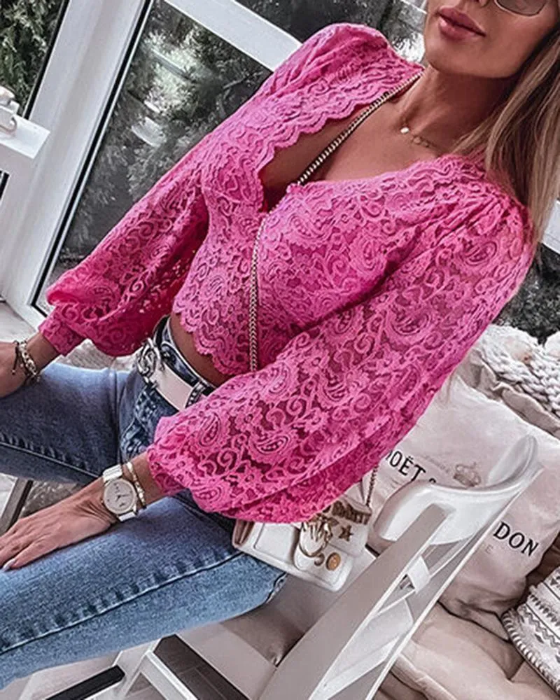 Lantern Sleeve V Neck Lace Crop Top