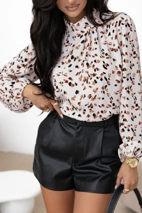 Leopard Mock Neck Pleated Blouse