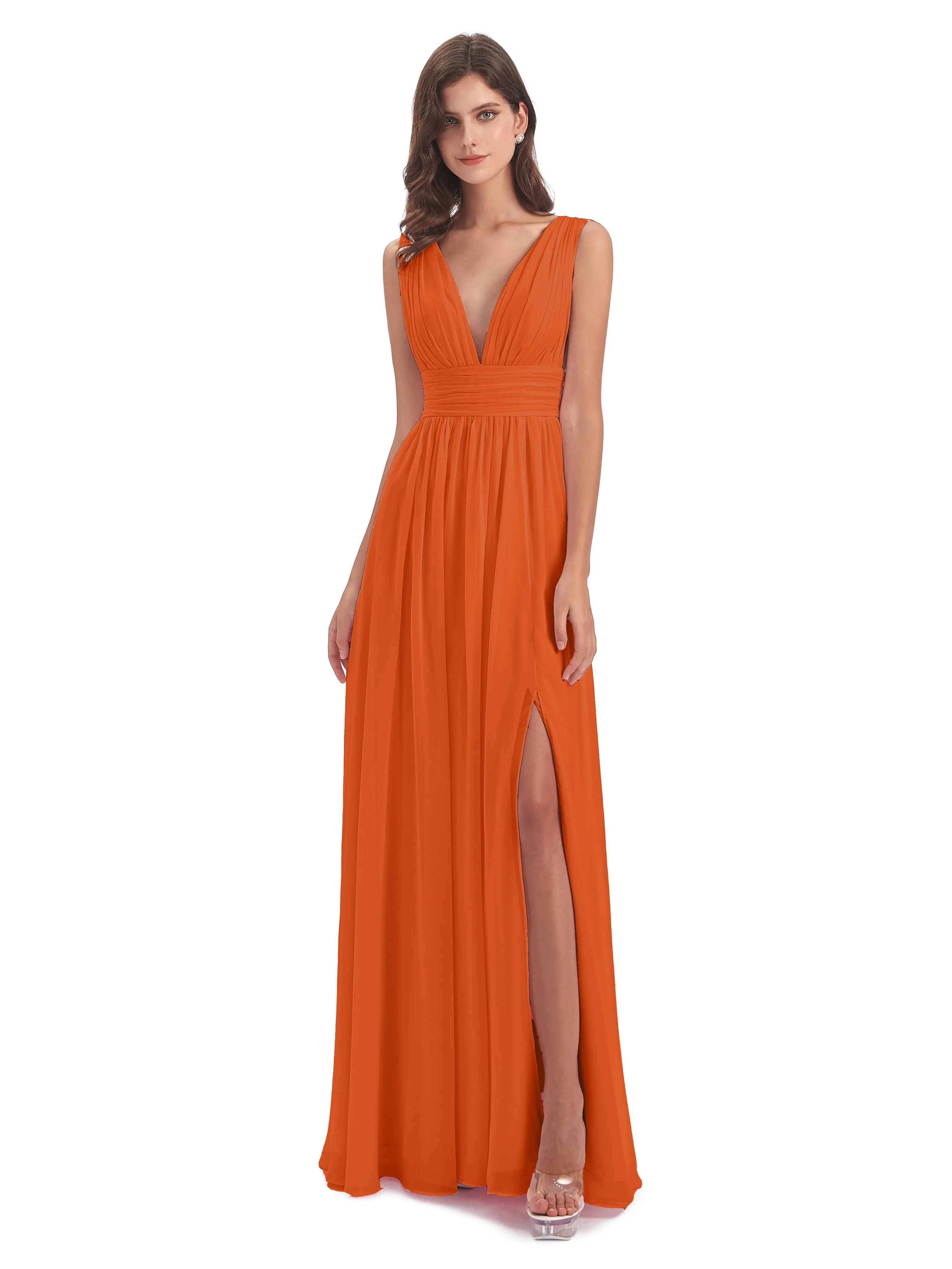 Luna Charming Chiffon V Neck Split Long Bridesmaid Dresses