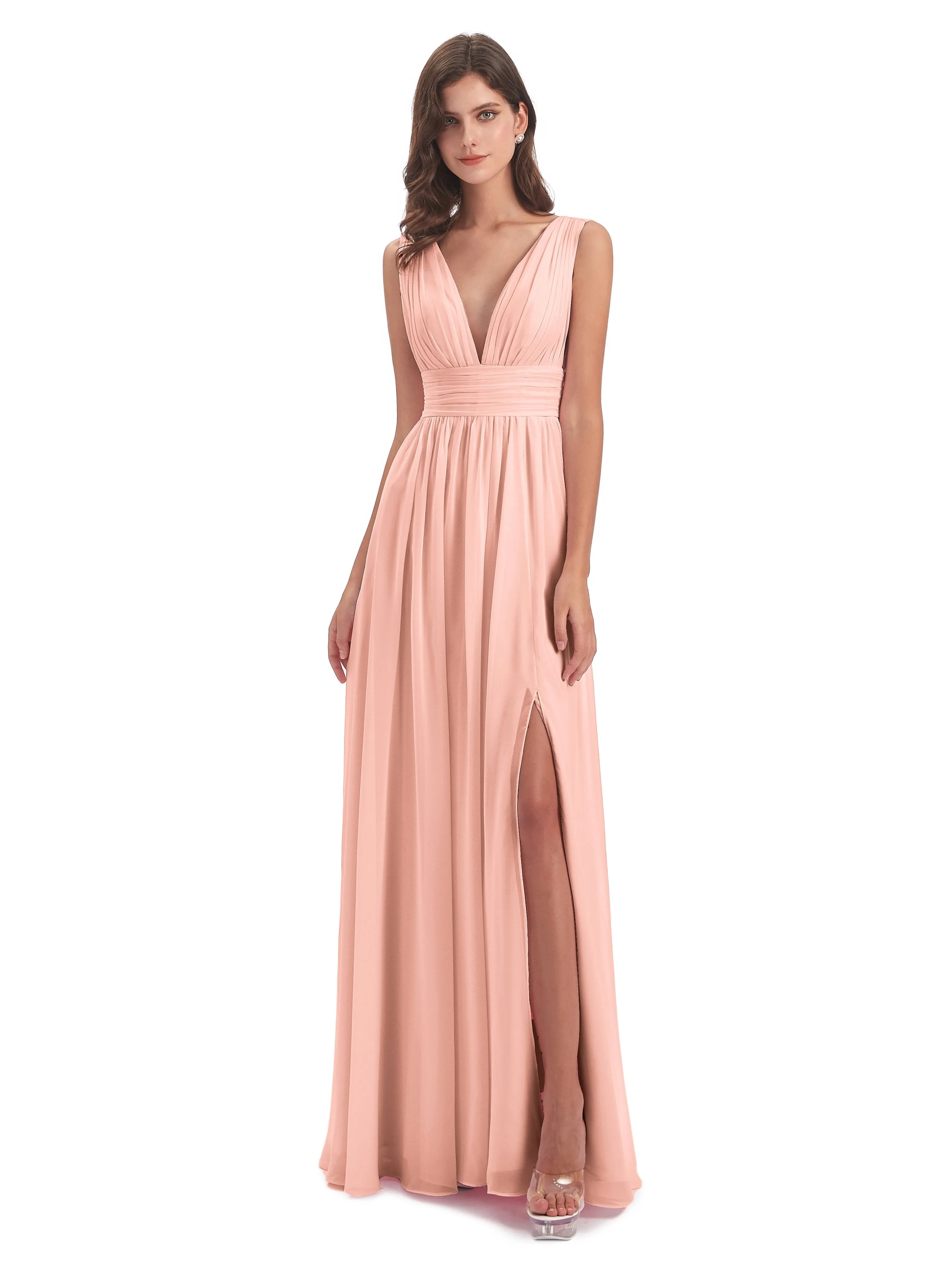 Luna Charming Chiffon V Neck Split Long Bridesmaid Dresses