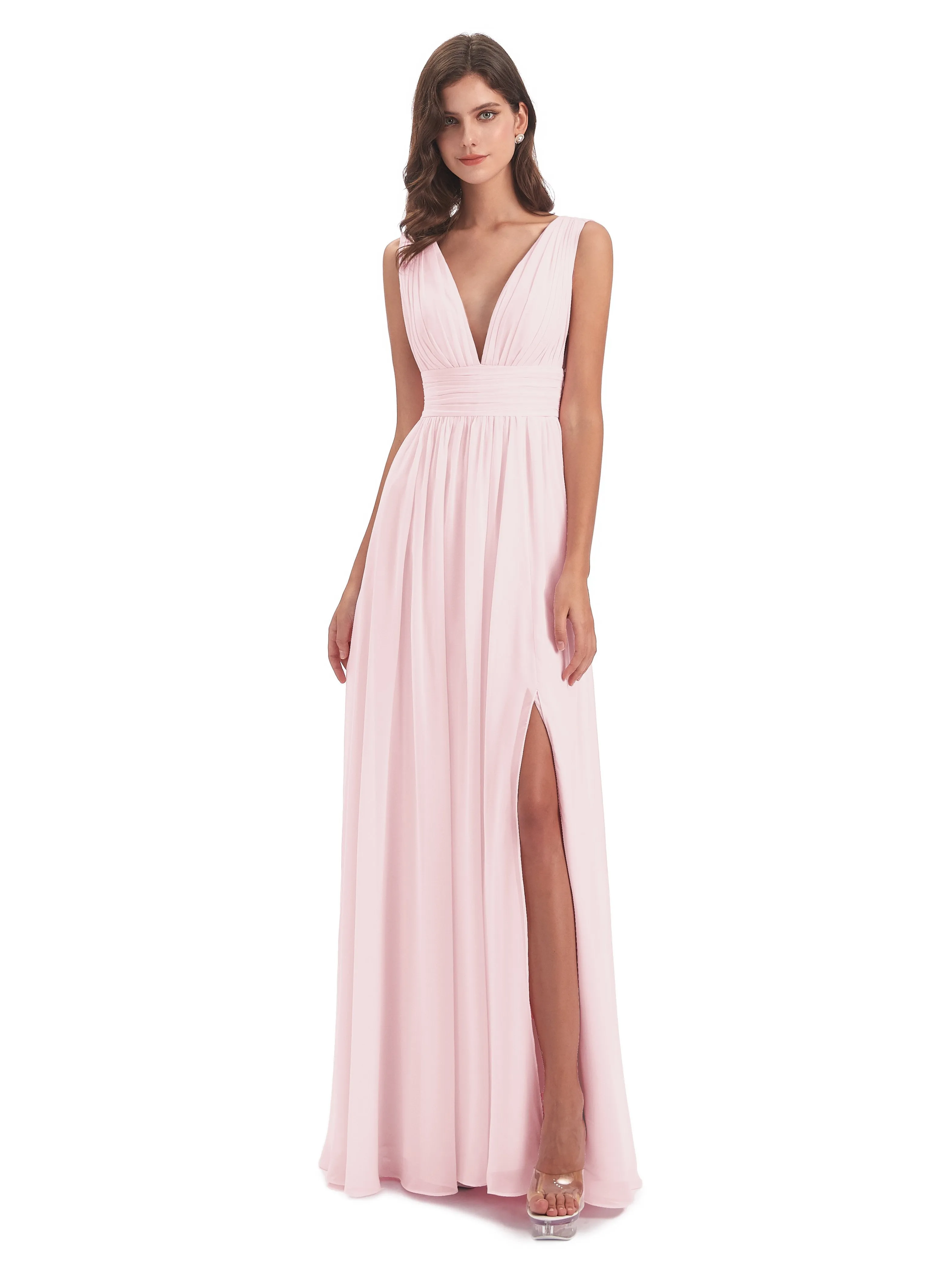 Luna Charming Chiffon V Neck Split Long Bridesmaid Dresses