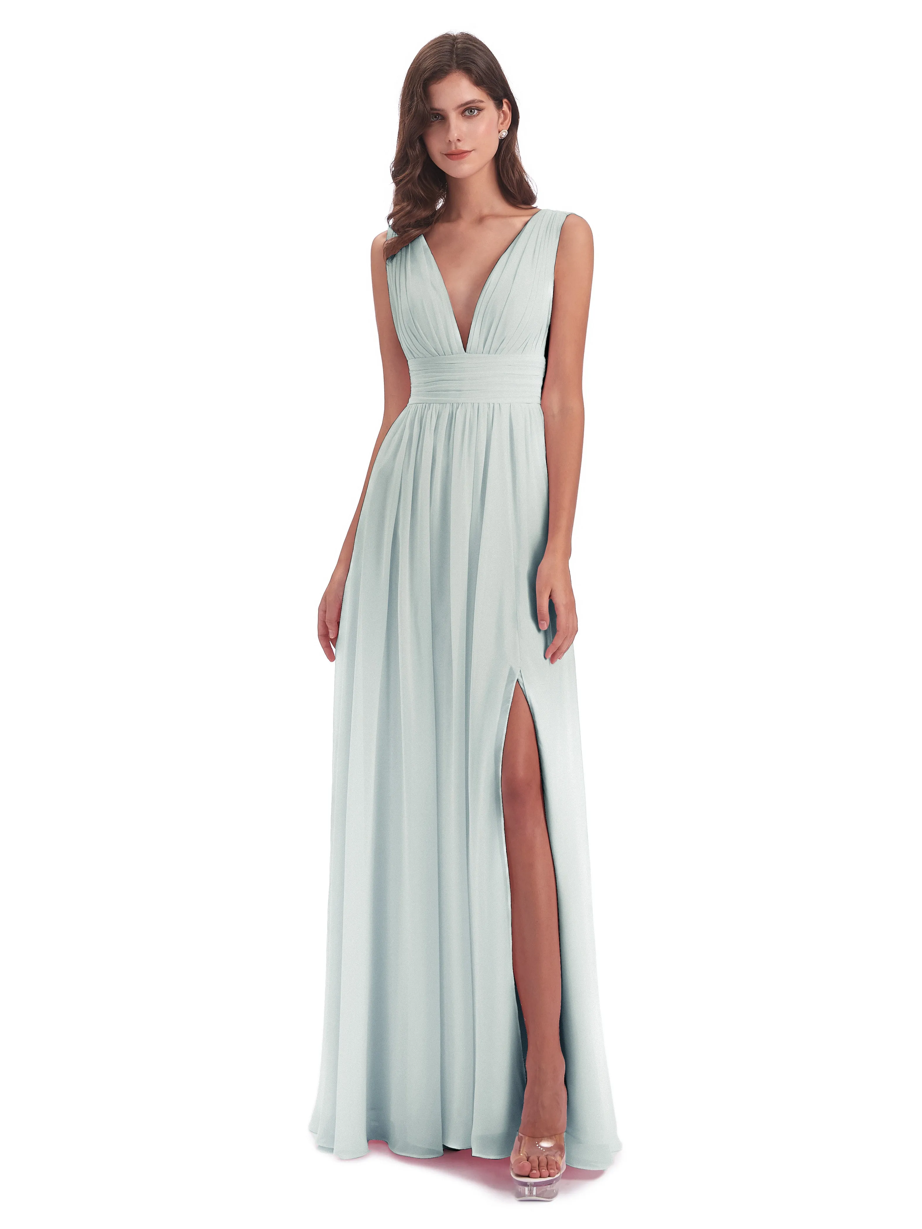 Luna Charming Chiffon V Neck Split Long Bridesmaid Dresses