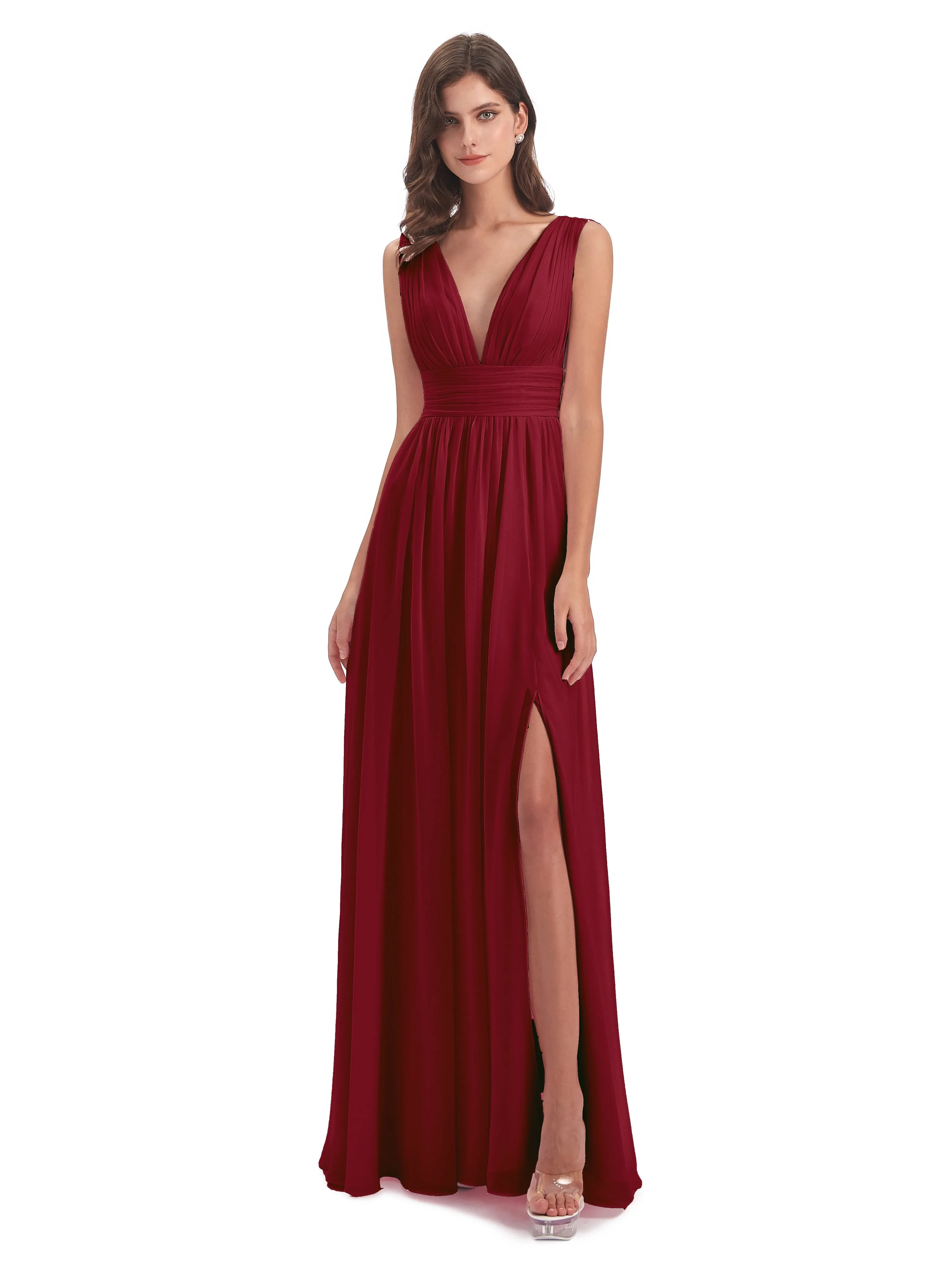 Luna Charming Chiffon V Neck Split Long Bridesmaid Dresses