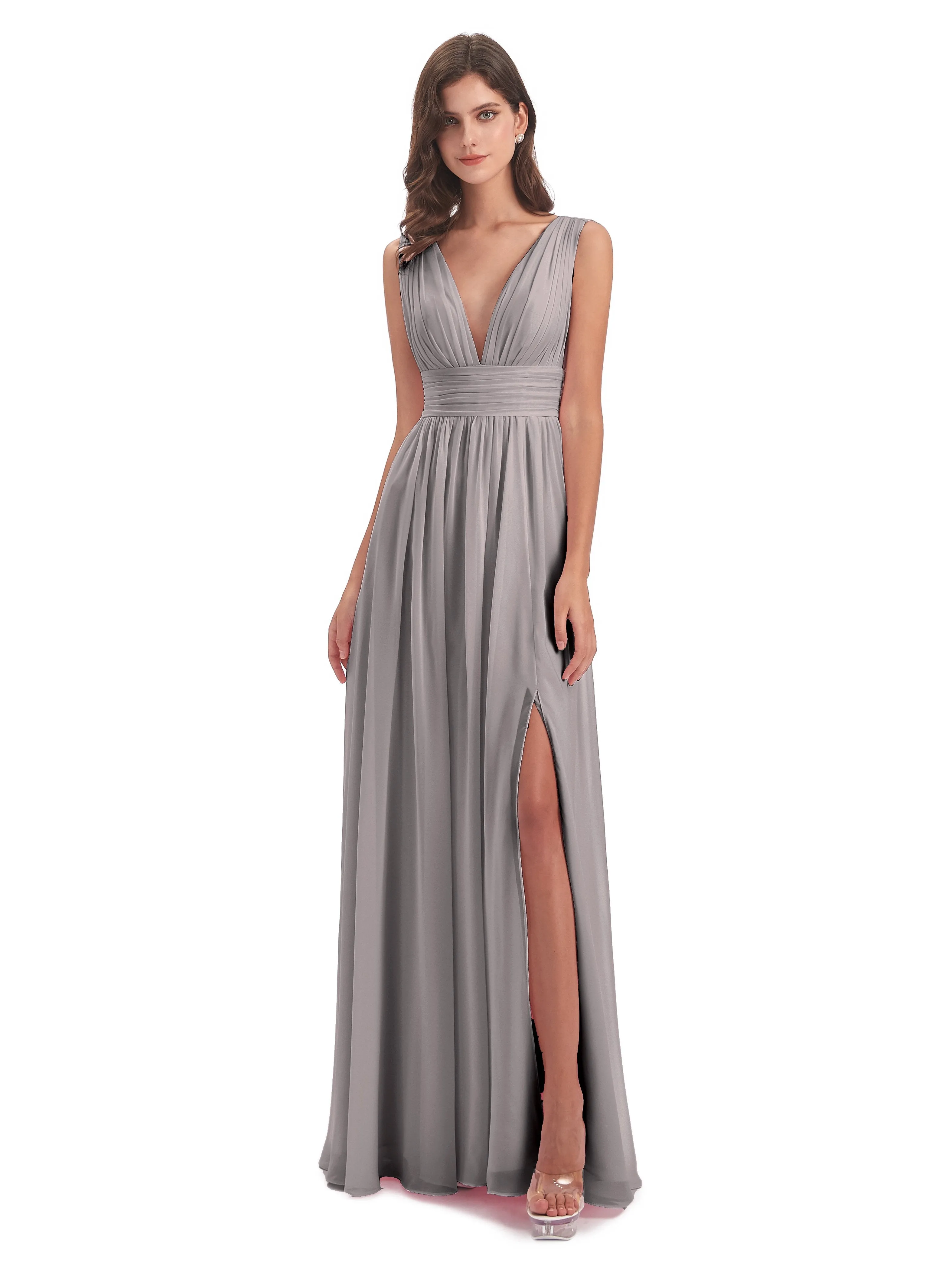 Luna Charming Chiffon V Neck Split Long Bridesmaid Dresses