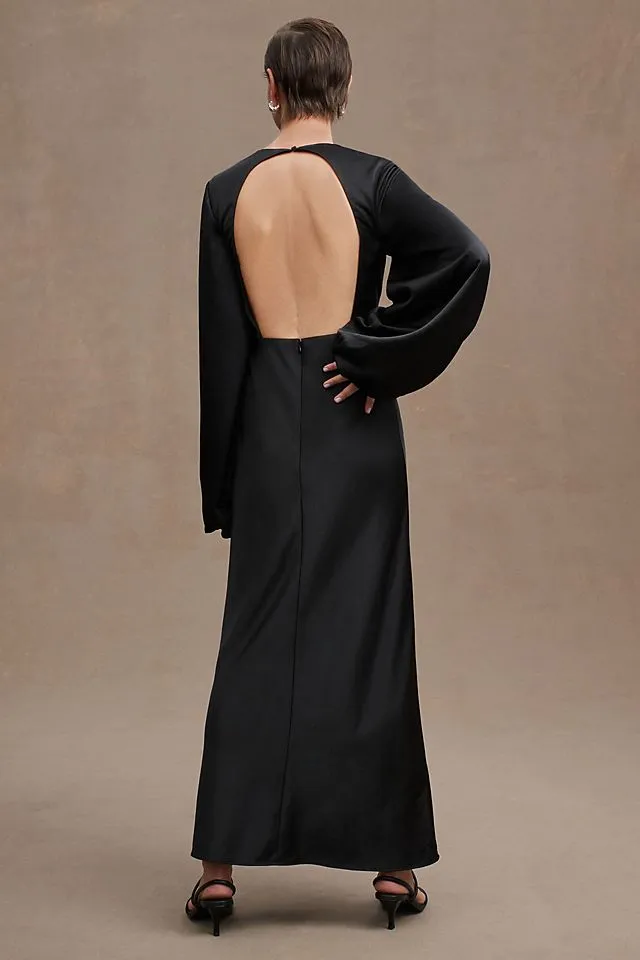 Meaningful Different Backless Column Dress with Long Sleeves, Black