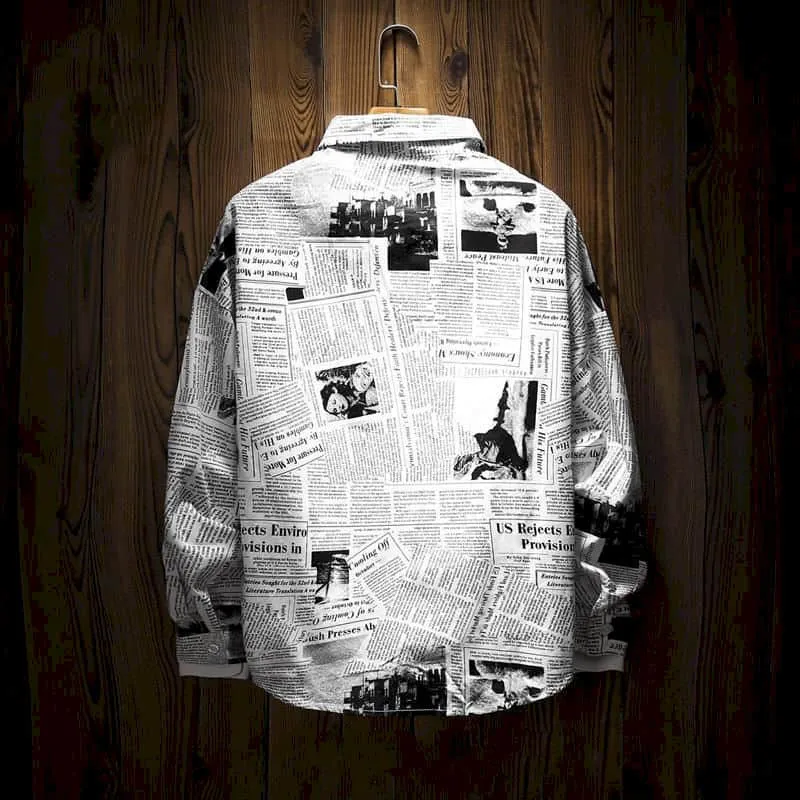 Newspaper shirt Korean trend men's shirt long-sleeved loose couple lovers shirt student all-match shirt fashion streetwear