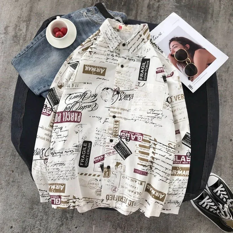 Newspaper shirt Korean trend men's shirt long-sleeved loose couple lovers shirt student all-match shirt fashion streetwear