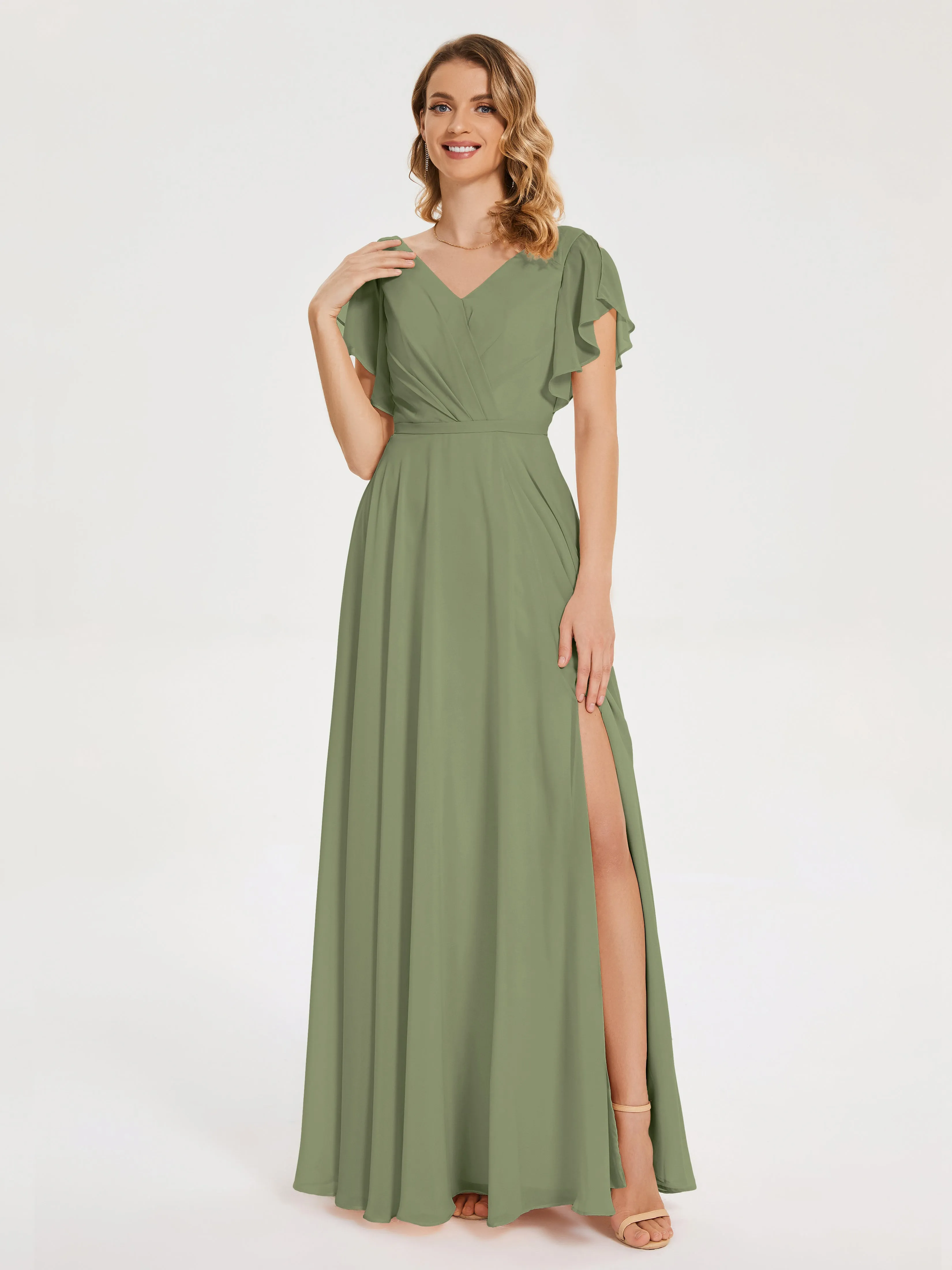 Olive Green Bridesmaids Dresses Kate Charming V Neck Split Chiffon Bridesmaid Dresses