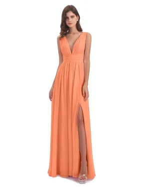 Papaya Bridesmaid Dress Charming Chiffon V Neck Split Long Bridesmaid Dresses