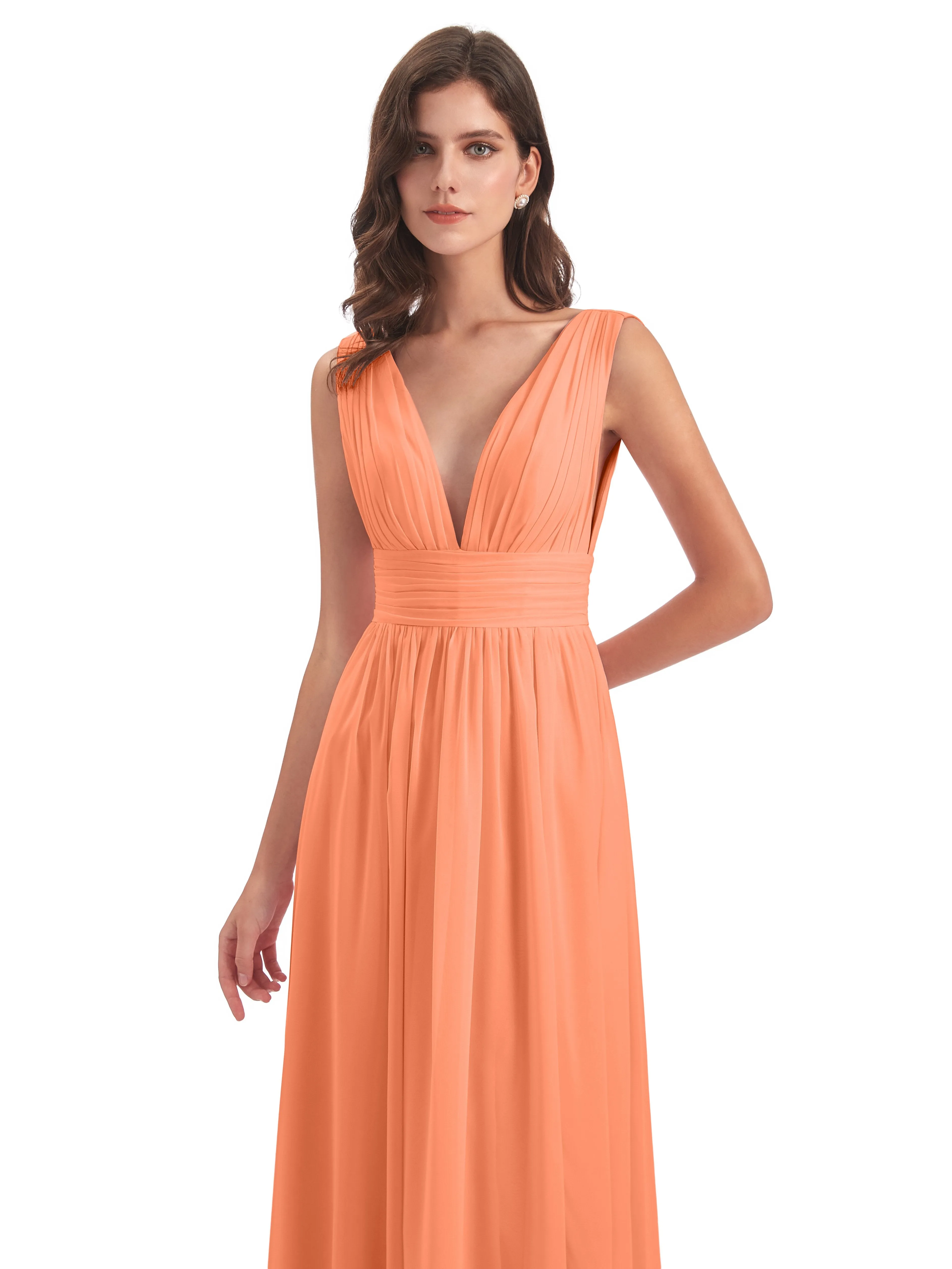 Papaya Bridesmaid Dress Charming Chiffon V Neck Split Long Bridesmaid Dresses