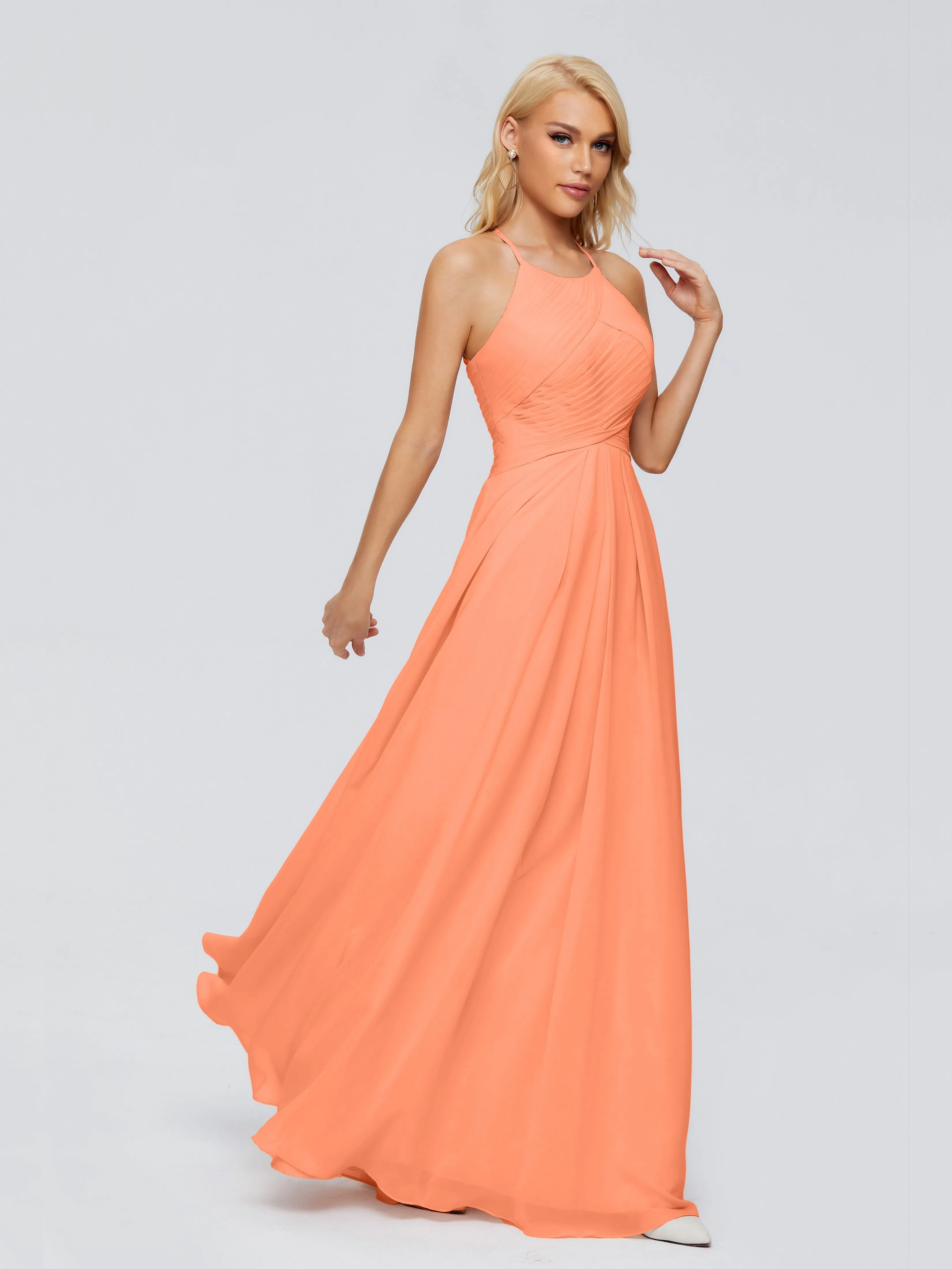 Papaya Bridesmaid Dress Finley Charming Halter Ruched Chiffon Bridesmaid Dresses