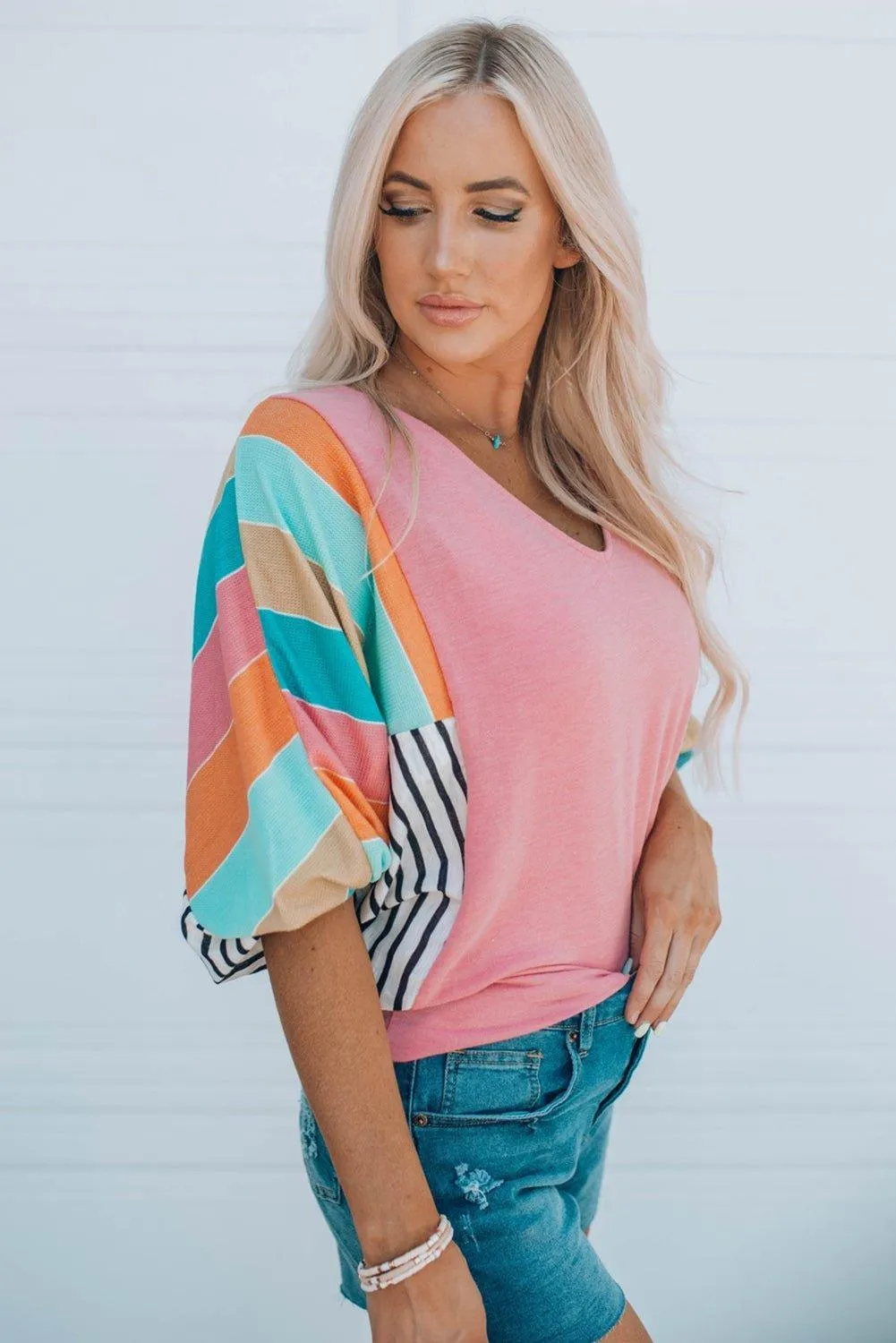 Pink Dolman Sleeve Multicolor Top