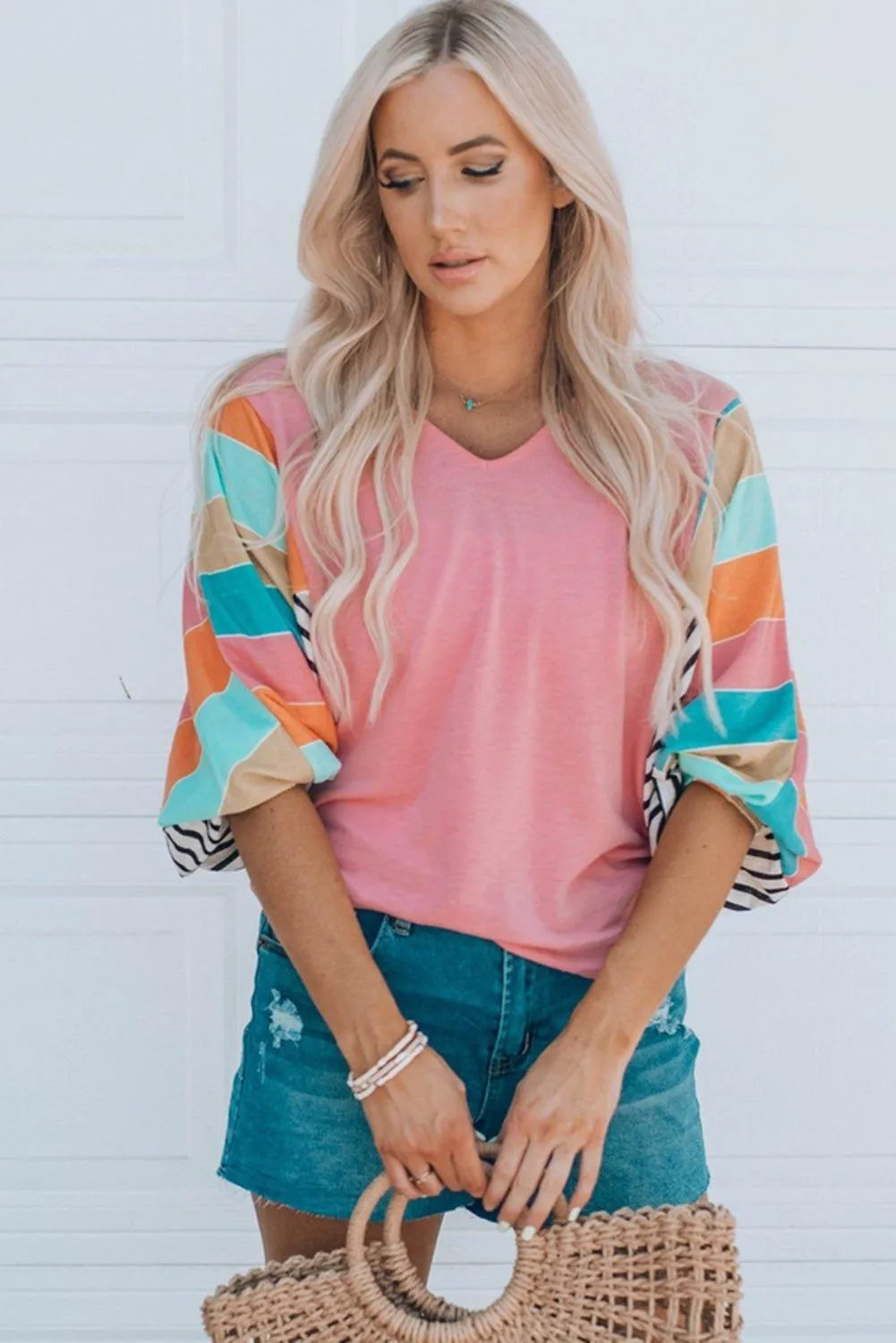 Pink Dolman Sleeve Multicolor Top