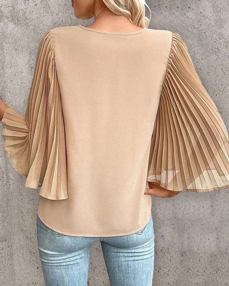 Pleated Bell Sleeve V Neck Top