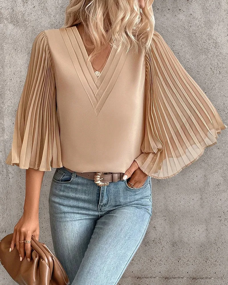 Pleated Bell Sleeve V Neck Top