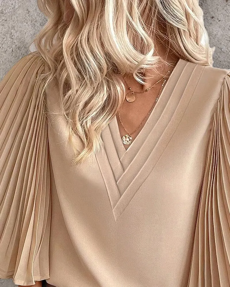 Pleated Bell Sleeve V Neck Top