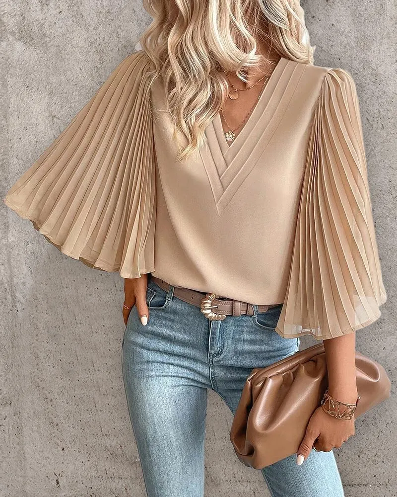 Pleated Bell Sleeve V Neck Top