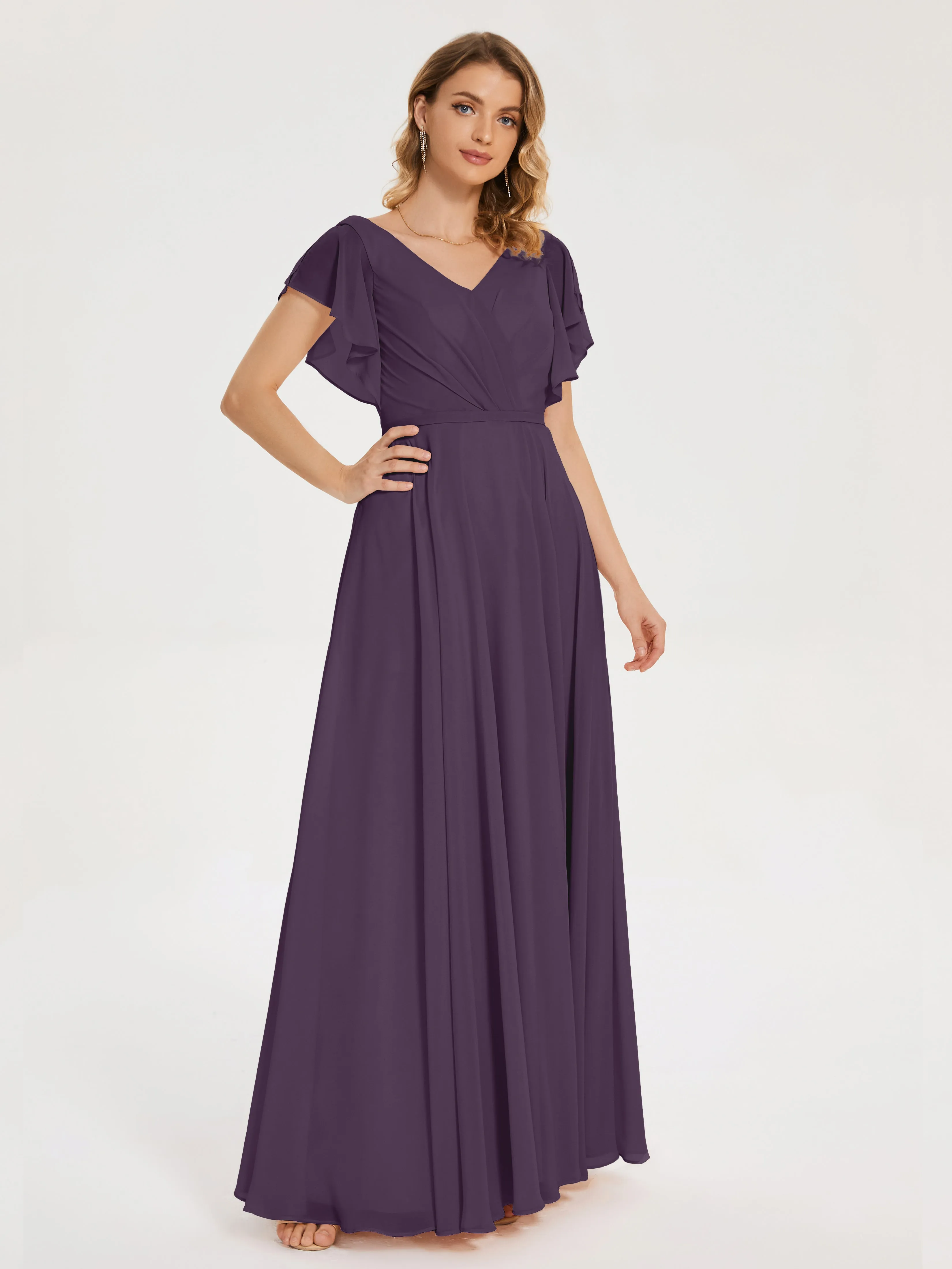 Plum Bridesmaid Kate Charming V Neck Split Chiffon Bridesmaid Dresses