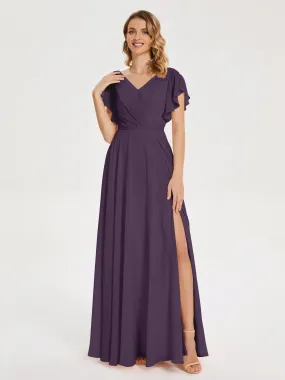 Plum Bridesmaid Kate Charming V Neck Split Chiffon Bridesmaid Dresses