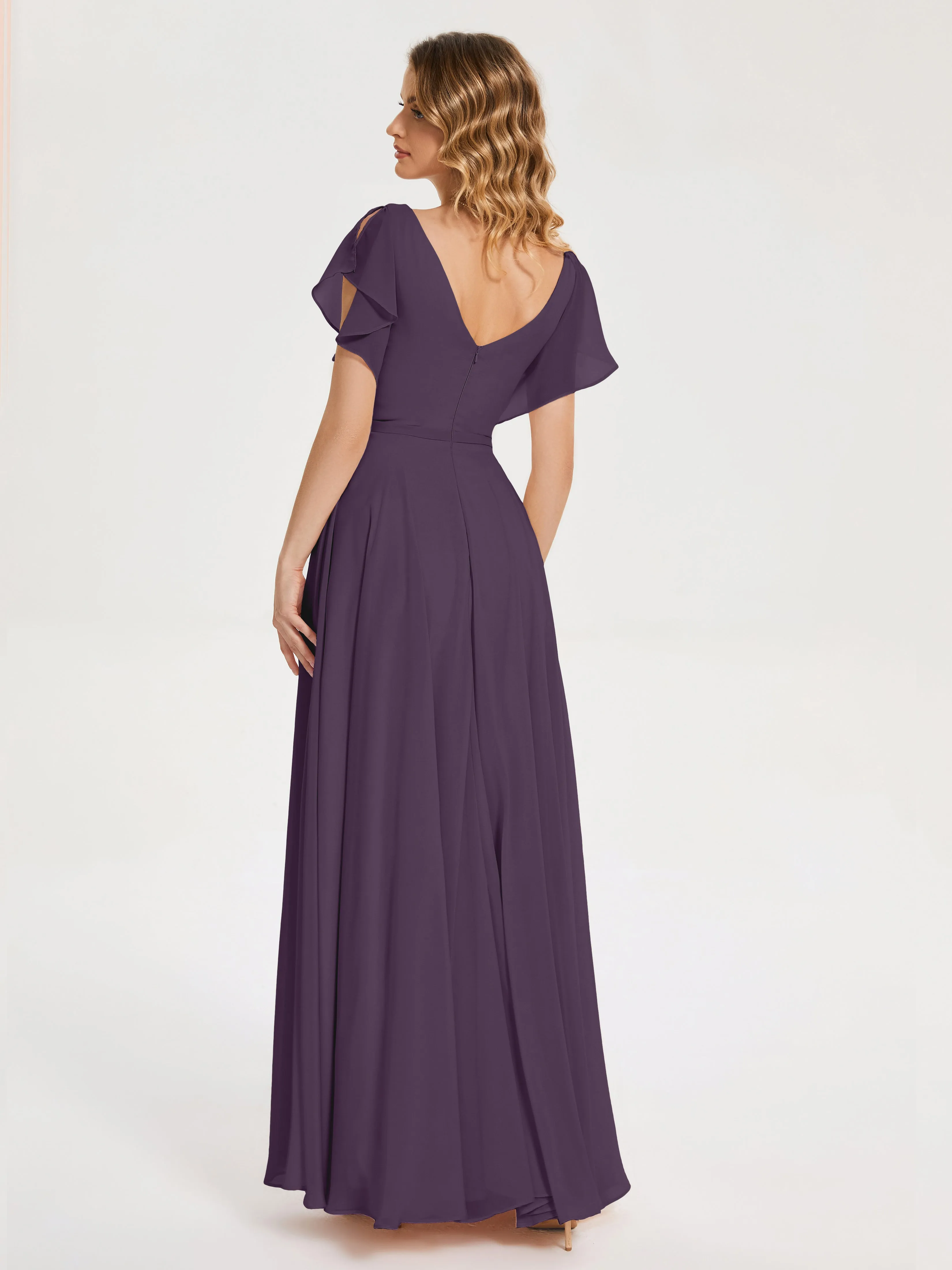 Plum Bridesmaid Kate Charming V Neck Split Chiffon Bridesmaid Dresses