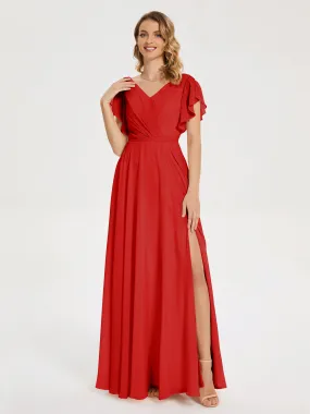 Red Bridesmaids Dresses Kate Charming V Neck Split Chiffon Bridesmaid Dresses