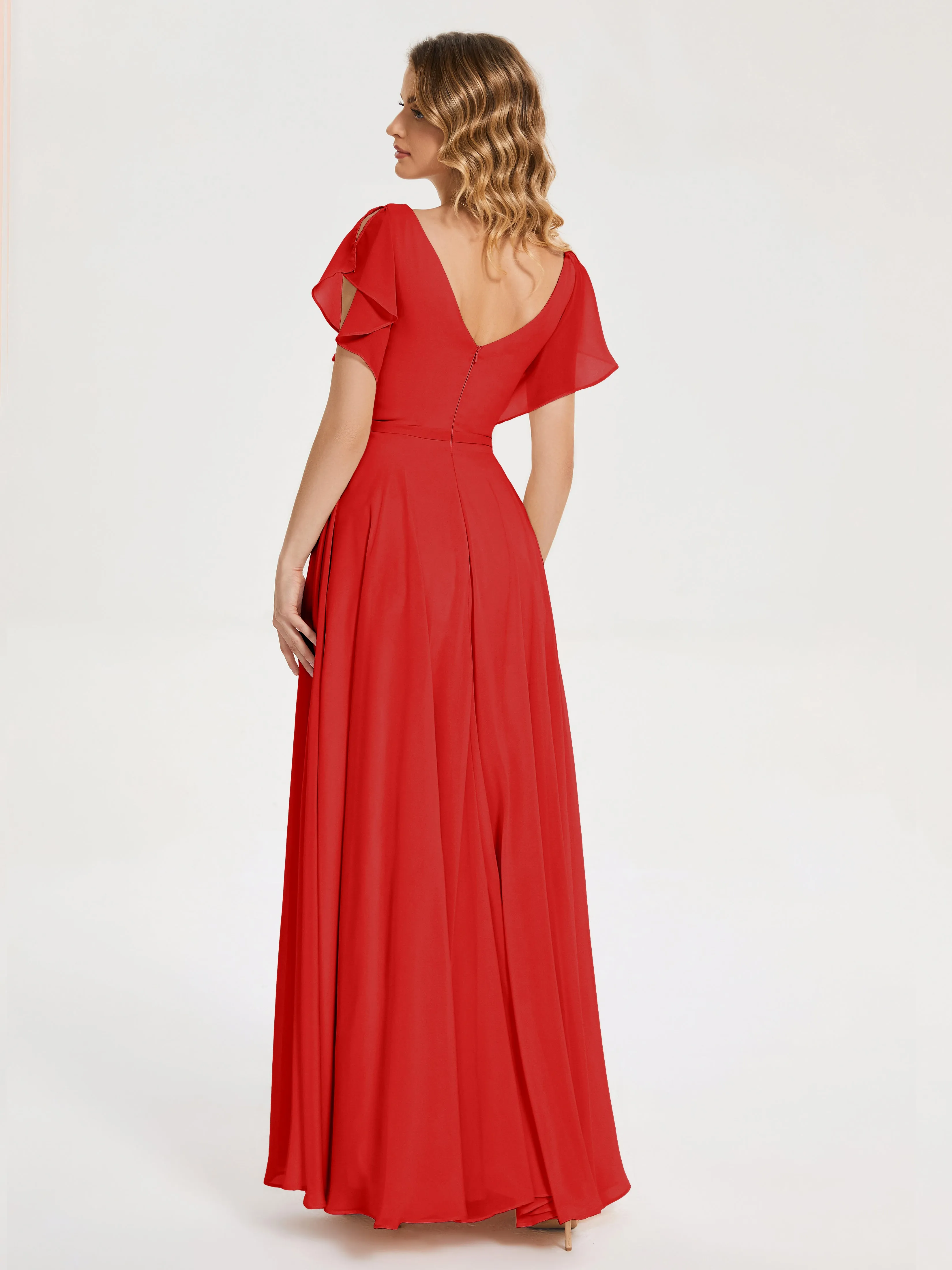 Red Bridesmaids Dresses Kate Charming V Neck Split Chiffon Bridesmaid Dresses