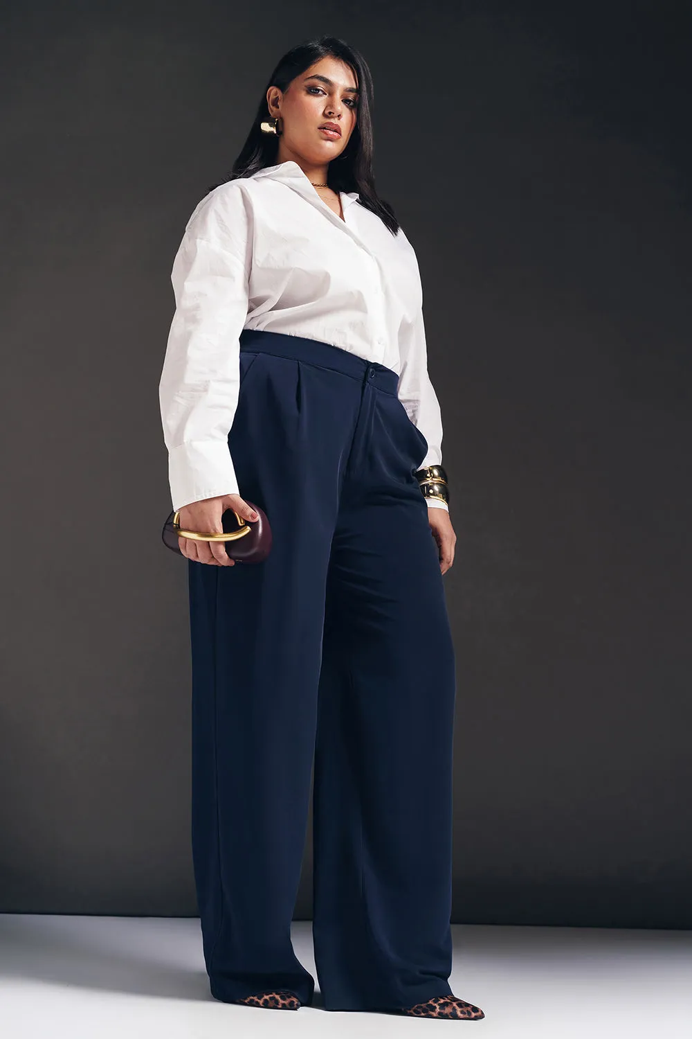 Regal Navy Curve Pleated Straight Fit Korean Pants