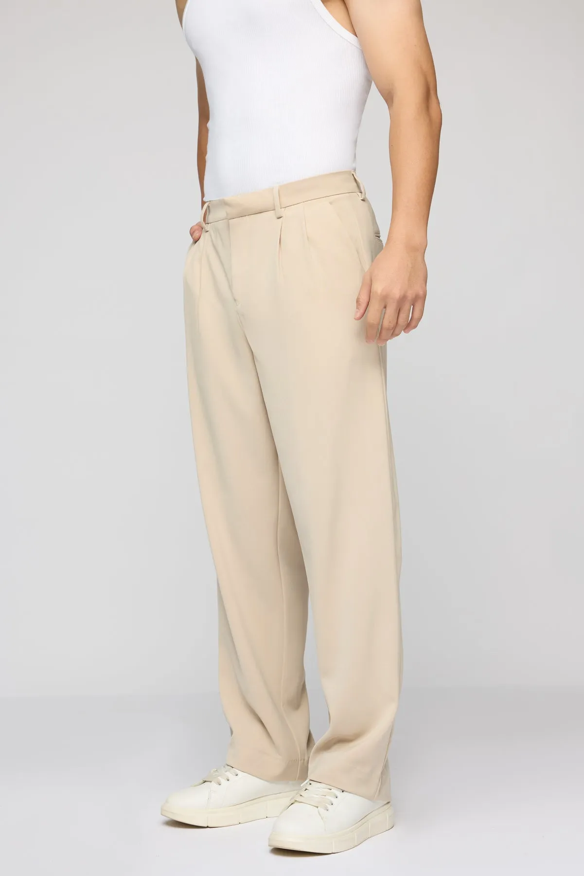 Sand Beige Men's Pleated Korean Pants