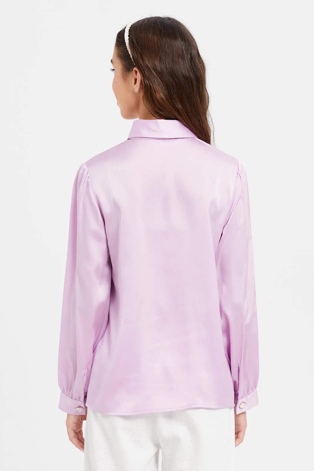 Senior girls Purple Satin Pussy Bow Shirt