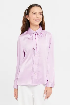 Senior girls Purple Satin Pussy Bow Shirt