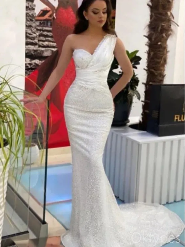 Sexy White One Shoulder Beaded Mermaid Floor-Length Prom Dresses PDS1156