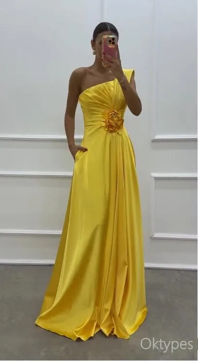 Simple A-Line Empire Flower One Shoulder Yellow Women Floor-Length Prom Dresses PDS1198