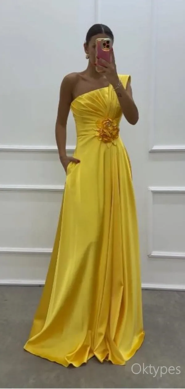 Simple A-Line Empire Flower One Shoulder Yellow Women Floor-Length Prom Dresses PDS1198