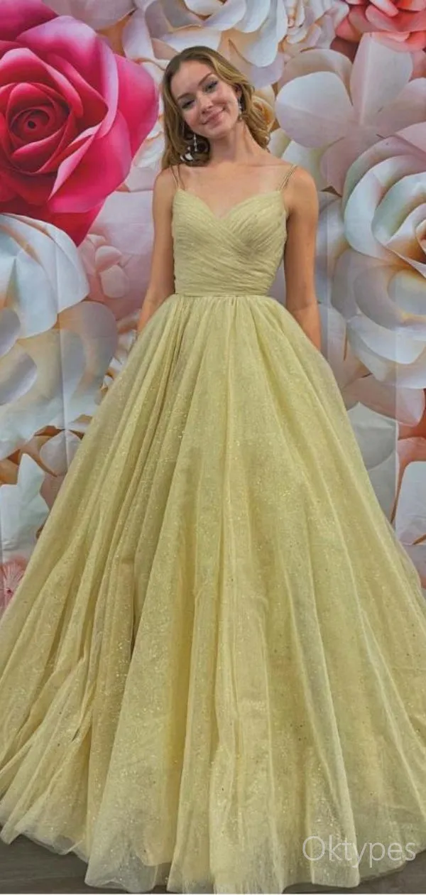 Simple Yellow Spaghetti Strap V-Neck A-Line Tulle Prom Dresses PDS1087