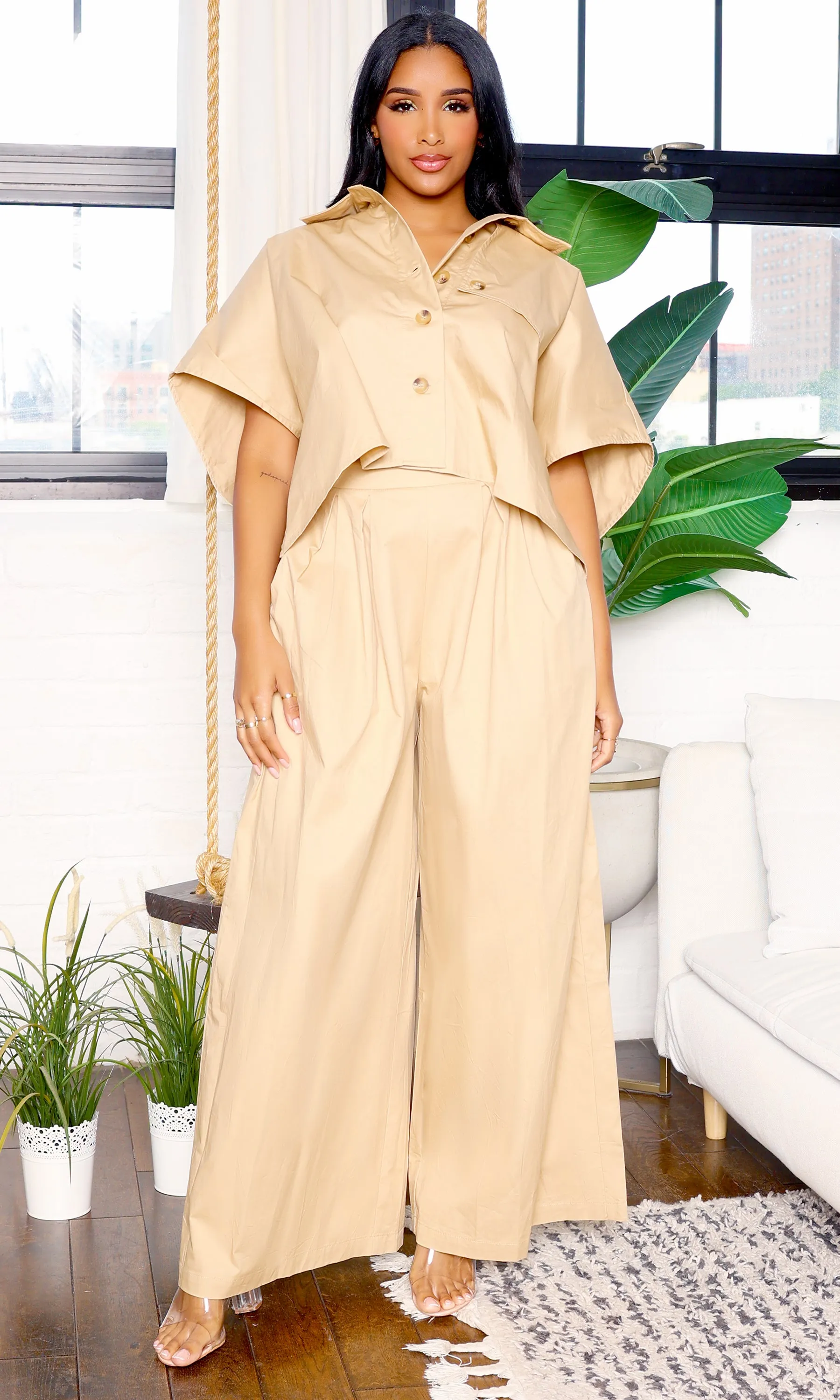 Smart Casual | Oversized Blouse & Pants Set - Khaki/Taupe