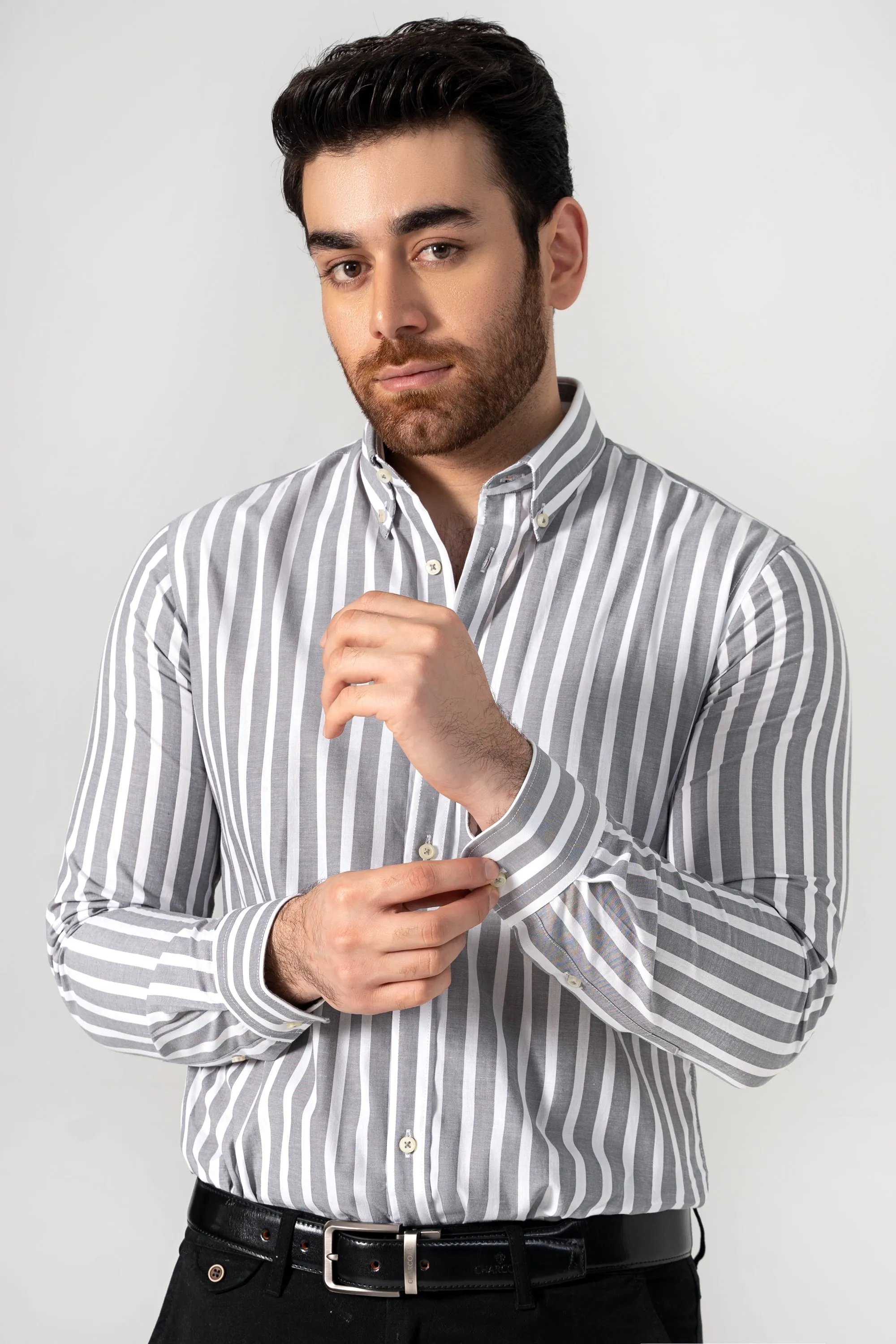 SMART SHIRT GREY WHITE STRIPES