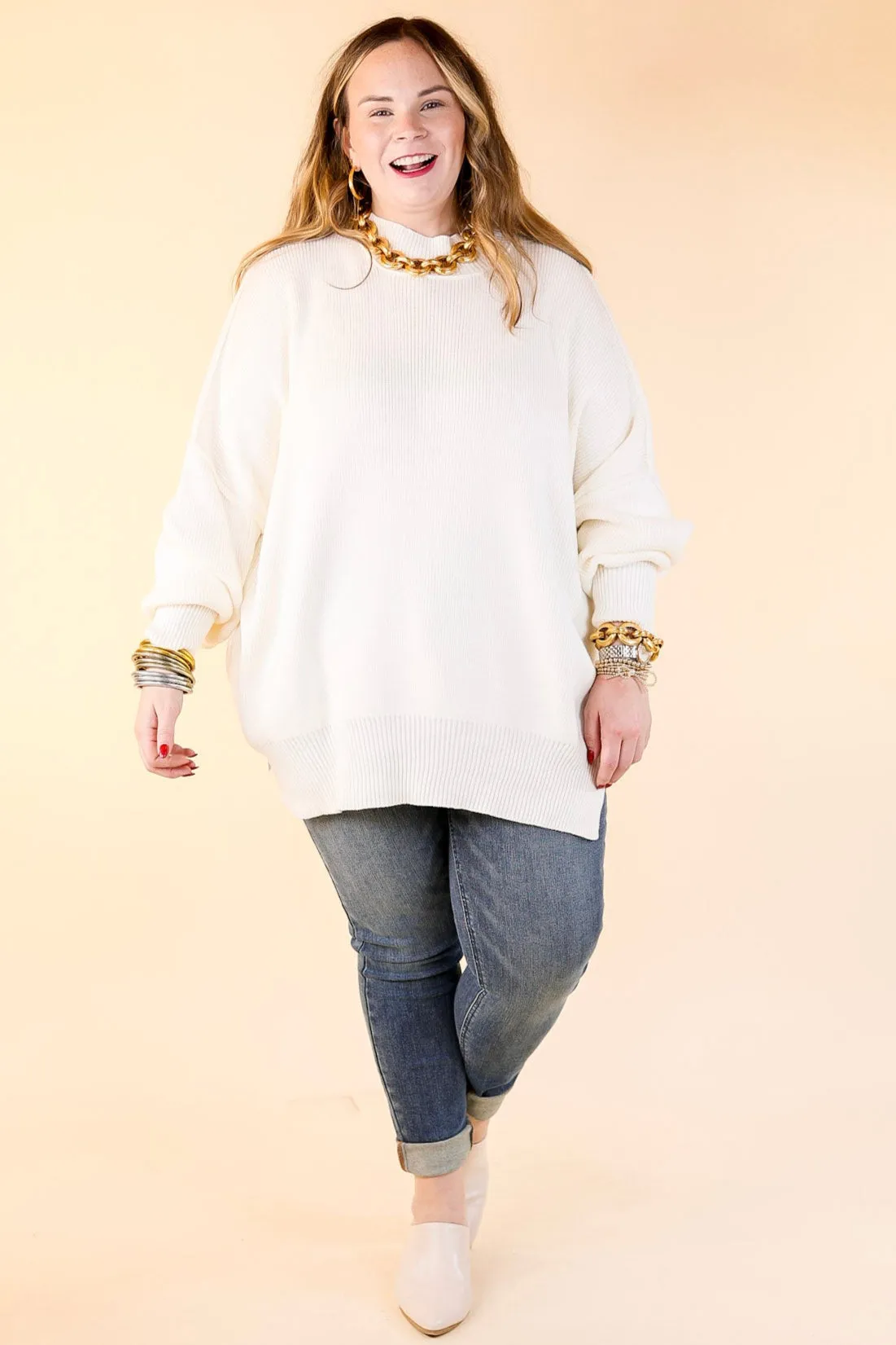 Snug and Stylish Mock Neck Sweater with Side Slit in Ivory