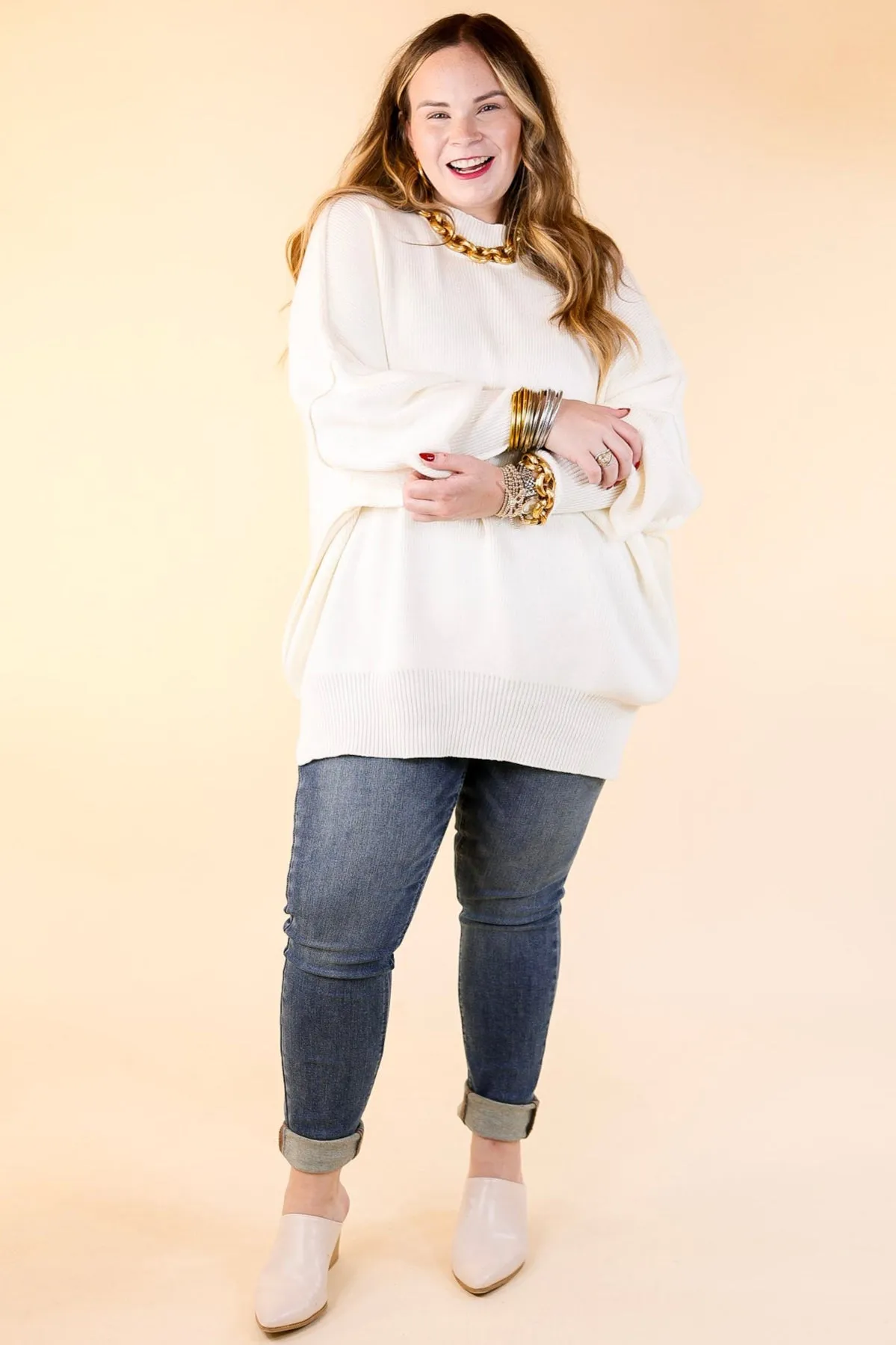 Snug and Stylish Mock Neck Sweater with Side Slit in Ivory