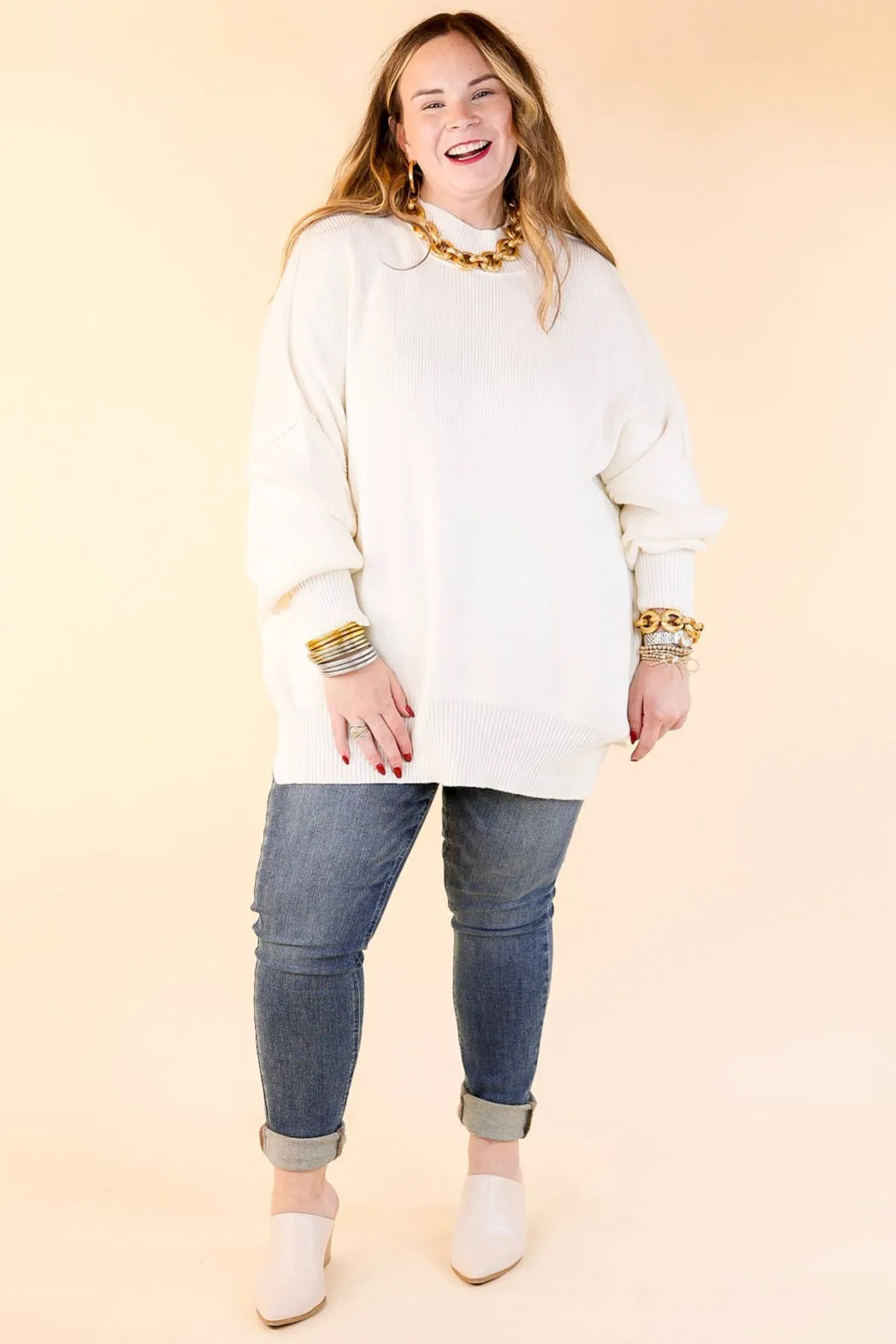 Snug and Stylish Mock Neck Sweater with Side Slit in Ivory