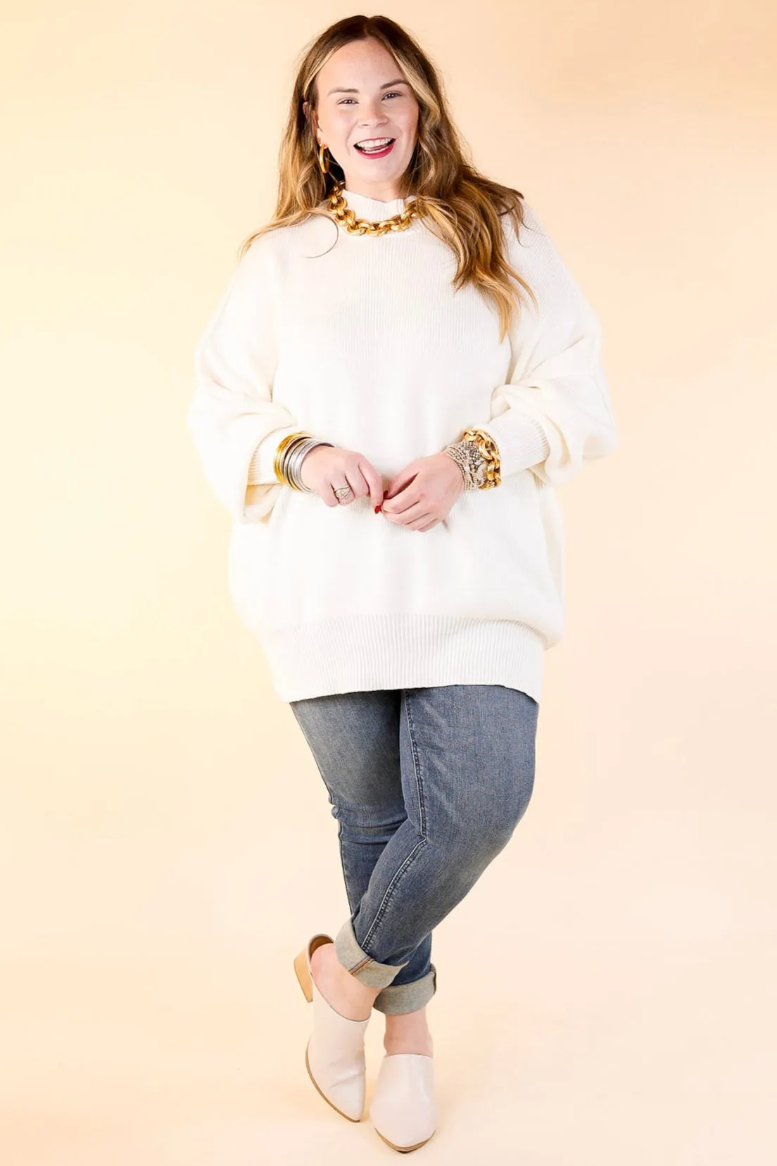 Snug and Stylish Mock Neck Sweater with Side Slit in Ivory