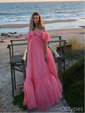 Soft Pink Off Shoulder A-Line Ruffle Floor-Length Women Prom Dresses PDS1233