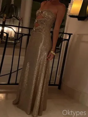 Sparkly Gold Unique Strapless Mermaid Floor-Length Prom Dresses PDS1150