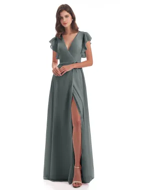 Steel Grey Bridesmaid Dresses Hope Charming V Neck Long Chiffon Bridesmaid Dresses