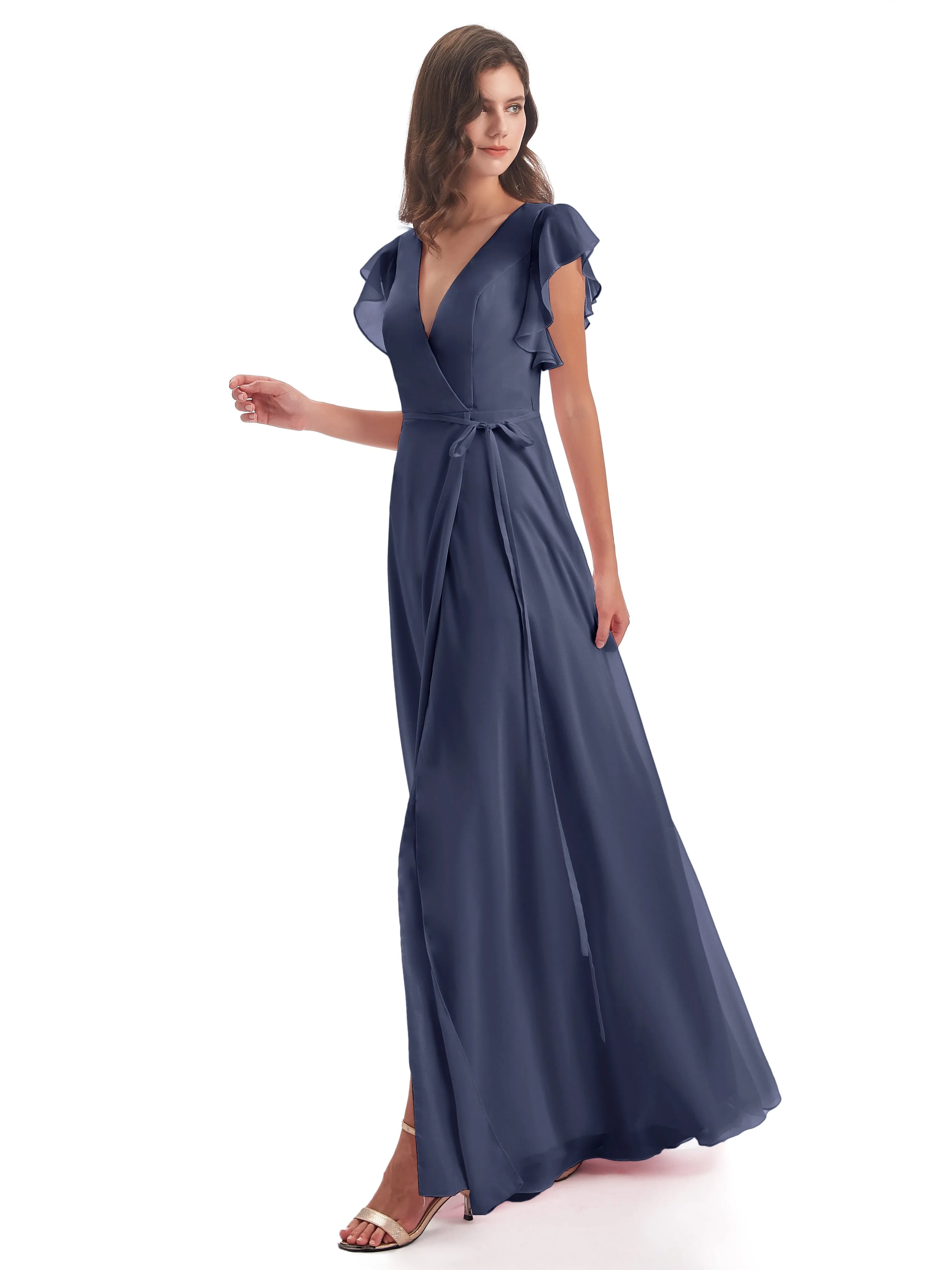 Stormy Blue Bridesmaid Dresses Hope Charming V Neck Long Chiffon Bridesmaid Dresses