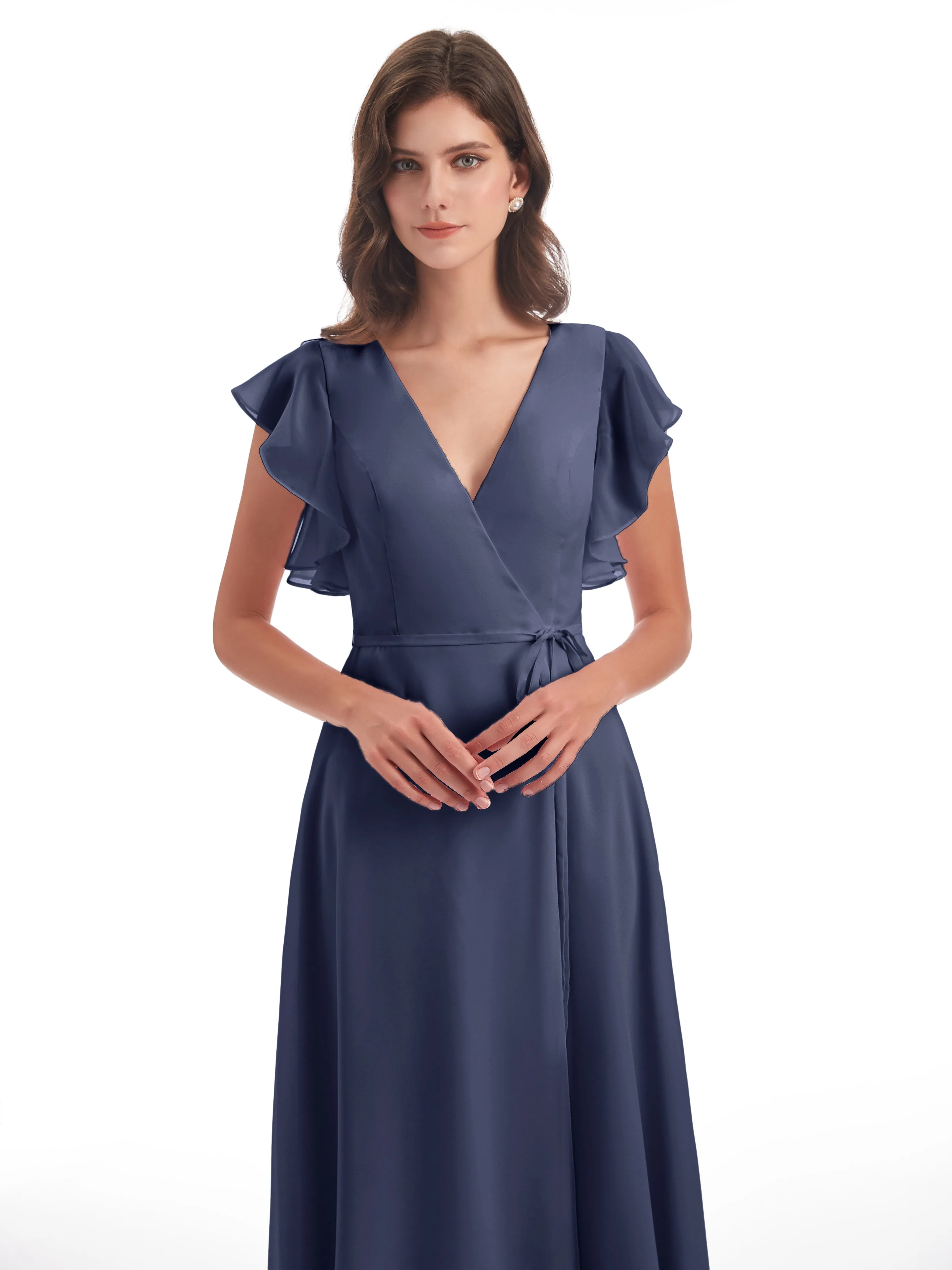 Stormy Blue Bridesmaid Dresses Hope Charming V Neck Long Chiffon Bridesmaid Dresses