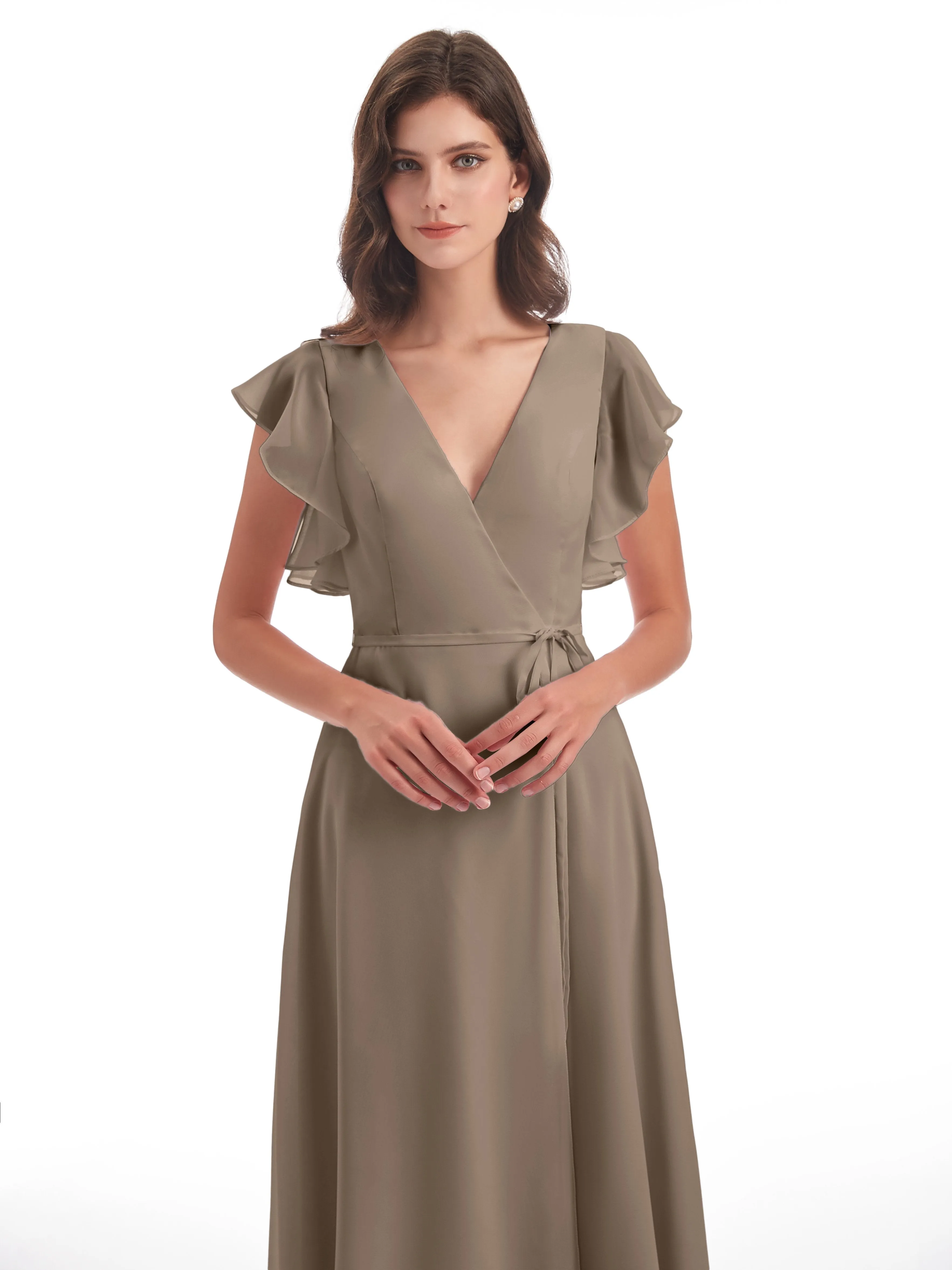 Taupe Bridesmaids Hope Charming V Neck Long Chiffon Bridesmaid Dresses